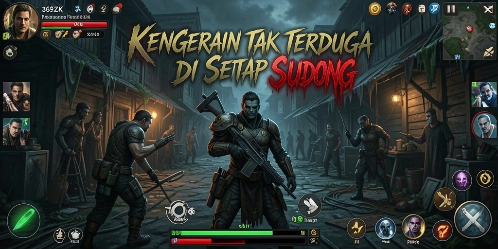 Screenshot menampilkan gameplay menakutkan dengan suasana kelam dan karakter misterius.