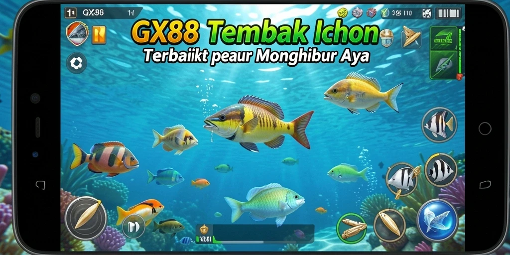 Screenshot GX88 menampilkan aksi menembak ikan yang seru di bawah laut.