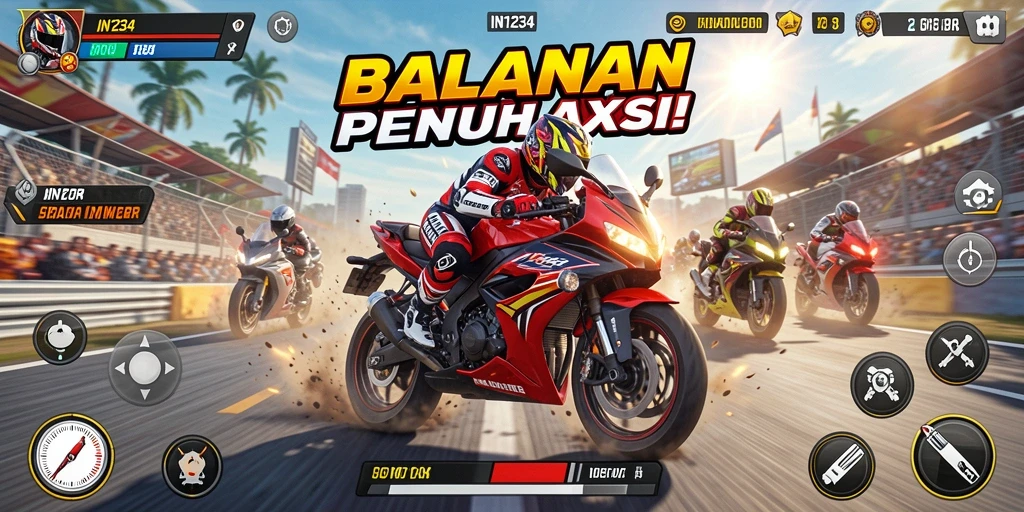 Tampilan gameplay balapan motor yang mendebarkan dan menantang.
