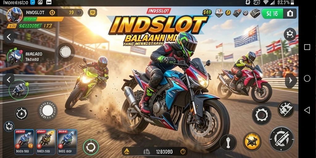 Gameplay seru dengan motor balap kencang dan trek menantang.