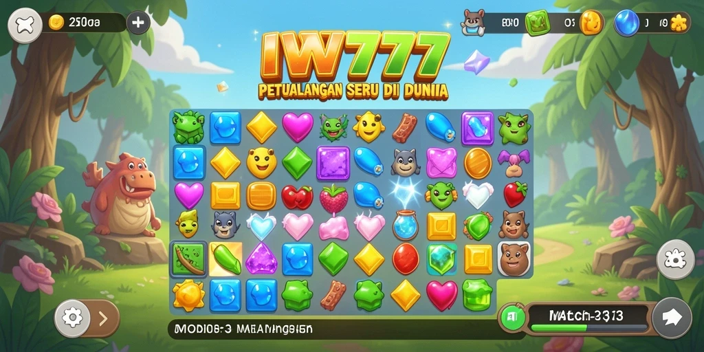 Screenshot IW777 menampilkan aksi seru dalam mencocokkan permata.