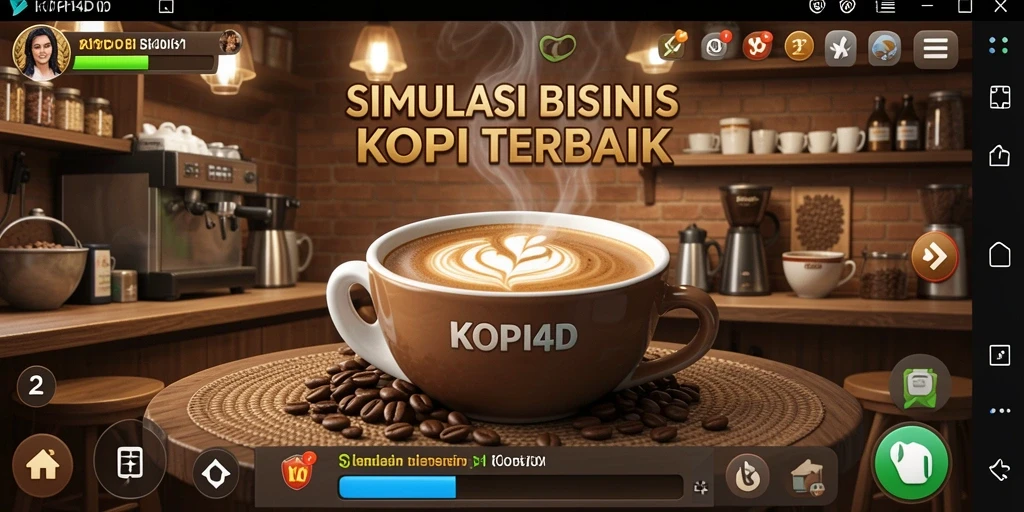 Tampilan gameplay KOPI4D saat mengelola kafe kopi.