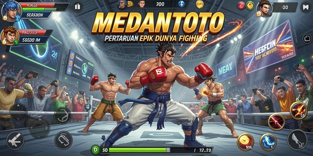 Screenshot gameplay MEDANTOTO dengan karakter bertarung yang epik.
