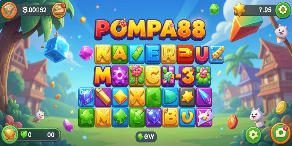 Screenshot POMPA88 menampilkan aksi seru permainan Match-3 yang penuh warna.