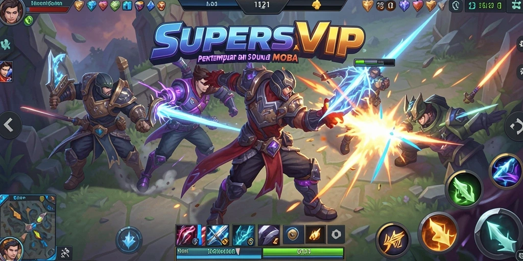 Gameplay intens dengan pertarungan strategi di arena MOBA.