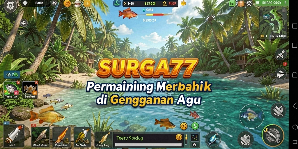 Screenshot gameplay SURGA77 menunjukkan momen memancing yang menegangkan.
